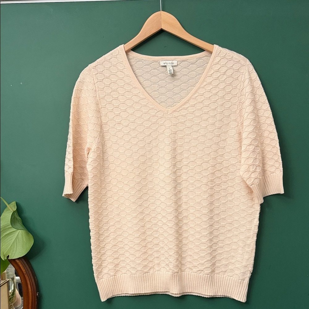 Ella Moss Light Pink Womens L V-Neck Sweater Feminine Romantic Short-Sleeve